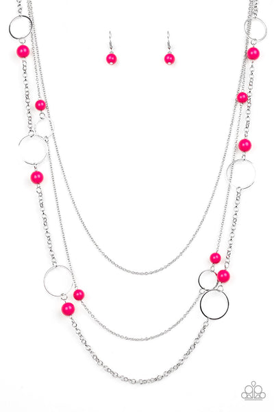 BEACHSIDE BABE - PINK BEAD SILVER CIRCLE LAYERED NECKLACE - PAPARAZZI