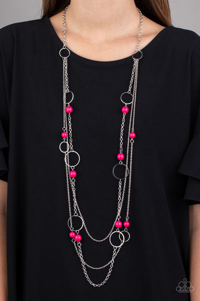 BEACHSIDE BABE - PINK BEAD SILVER CIRCLE LAYERED NECKLACE - PAPARAZZI