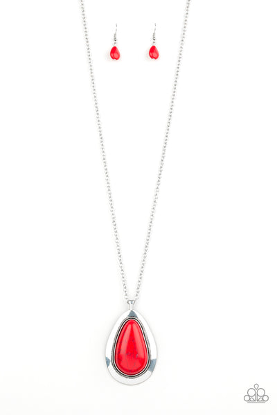 BADLAND TO THE BONE - RED CRACKED STONE SILVER TEARDROP NECKLACE - PAPARAZZI
