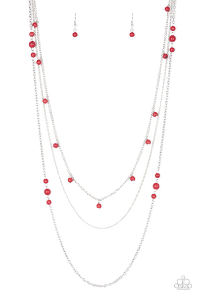 LAYING THE GROUNDWORK - RED BEAD SILVER LAYERED NECKLACE - PAPARAZZI