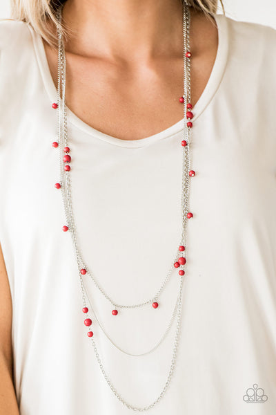 LAYING THE GROUNDWORK - RED BEAD SILVER LAYERED NECKLACE - PAPARAZZI