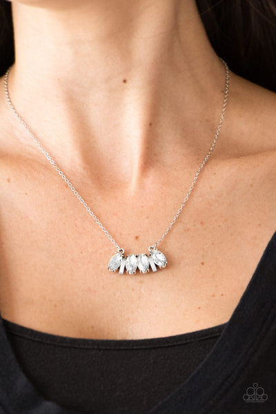 DECO DECADENCE - WHITE RHINESTONE SILVER NECKLACE - PAPARAZZI