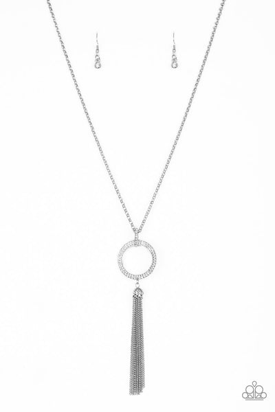 STRAIGHT TO THE TOP - WHITE RHINESTONE CIRCLE SILVER TASSEL NECKLACE - PAPARAZZI