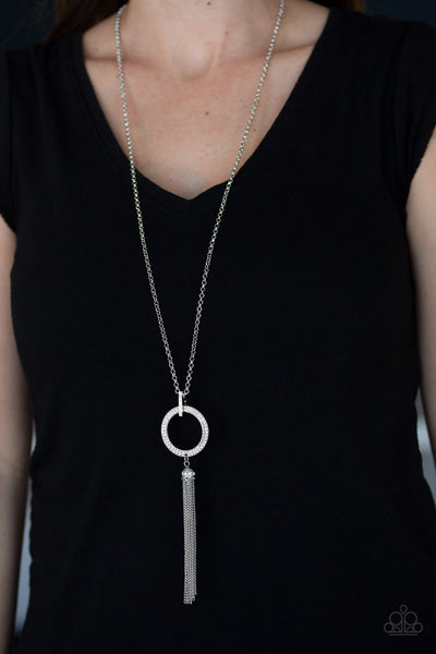 STRAIGHT TO THE TOP - WHITE RHINESTONE CIRCLE SILVER TASSEL NECKLACE - PAPARAZZI