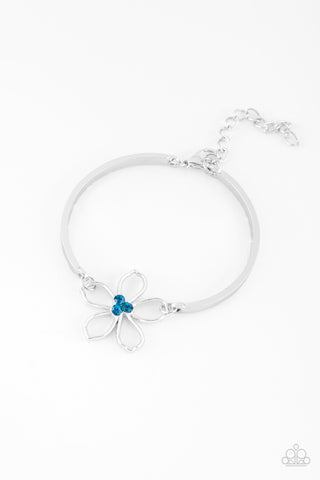 HIBISCUS HIPSTER - BLUE RHINESTONE SILVER FLORAL BRACELET - PAPARAZZI
