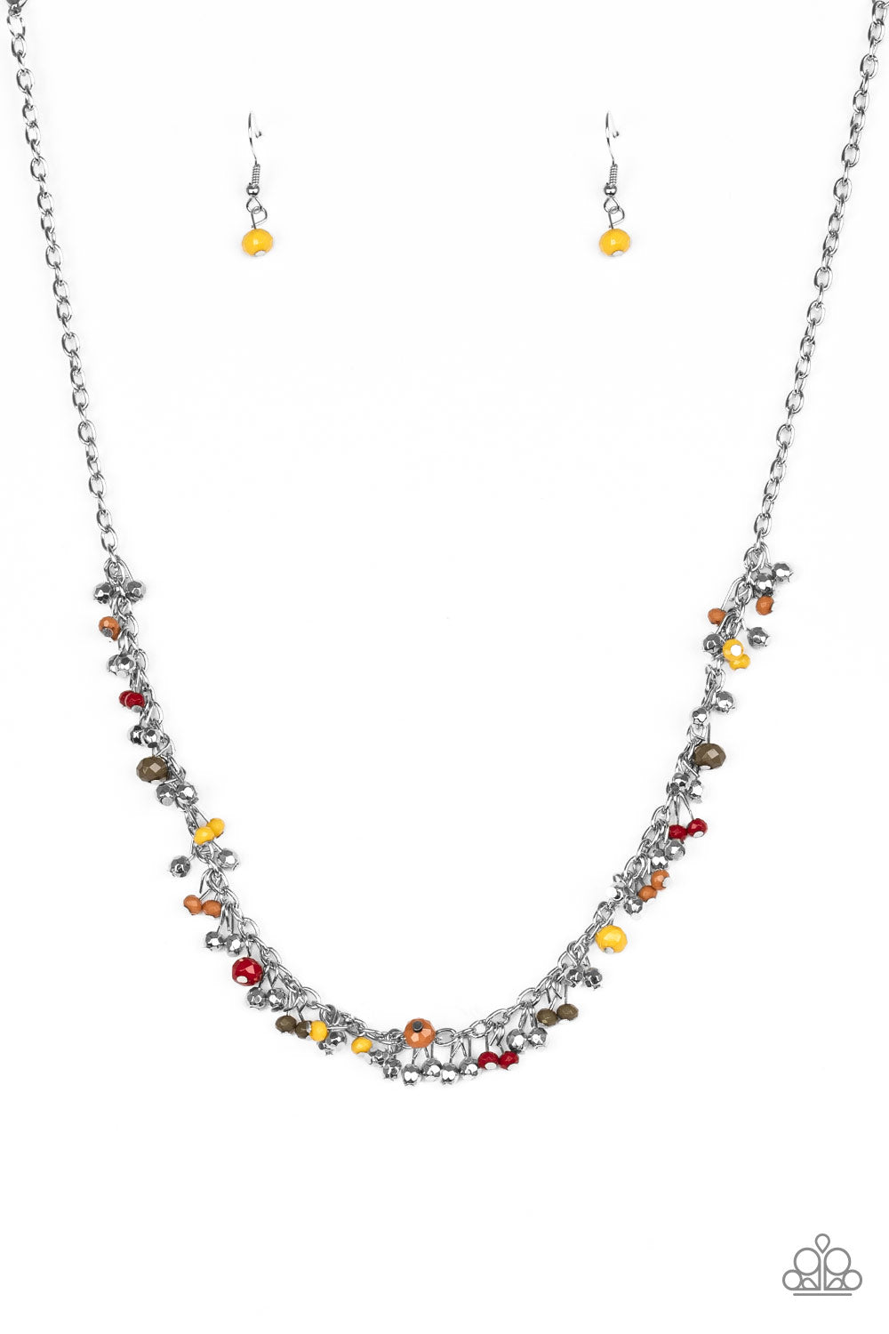 SAILING THE SEVEN SEAS - MULTI RED YELLOW ORANGE OLIVE BEAD SILVER NECKLACE - PAPARAZZI