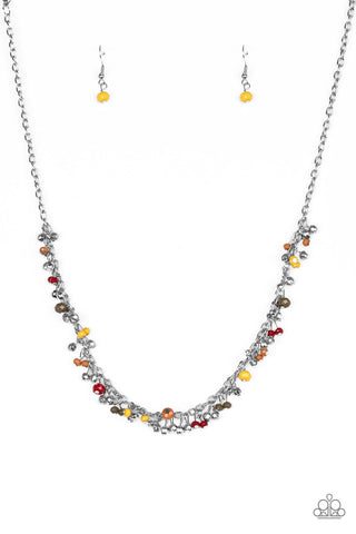 SAILING THE SEVEN SEAS - MULTI RED YELLOW ORANGE OLIVE BEAD SILVER NECKLACE - PAPARAZZI