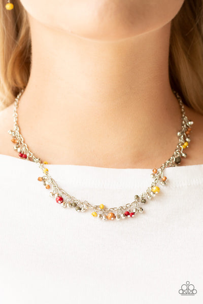SAILING THE SEVEN SEAS - MULTI RED YELLOW ORANGE OLIVE BEAD SILVER NECKLACE - PAPARAZZI