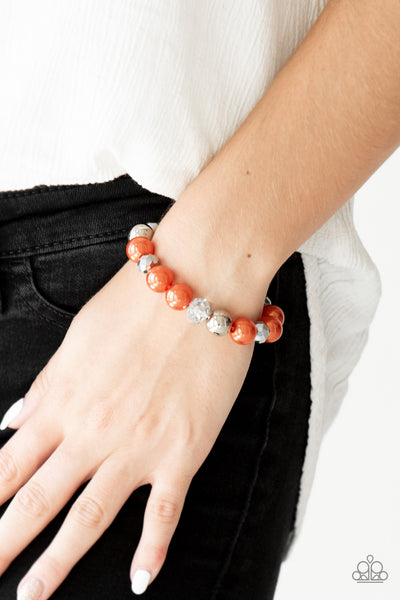 VERY VIP - ORANGE  AND SILVER BEAD STRETCHY BRACELET - PAPARAZZI