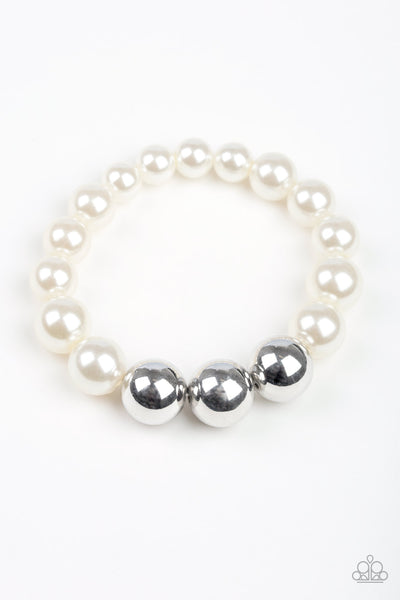 ALL DRESSED UPTOWN - WHITE AND SILVER PEARL STRETCHY BRACELET - PAPARAZZI