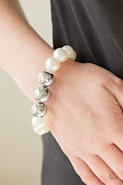 ALL DRESSED UPTOWN - WHITE AND SILVER PEARL STRETCHY BRACELET - PAPARAZZI
