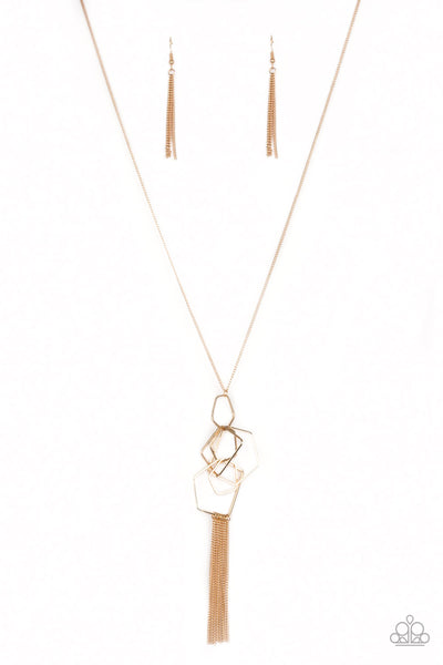 THE PENTHOUSE - PAPARAZZI - GOLD PENTAGON FRAME CHAIN TASSEL PENDANT NECKLACE