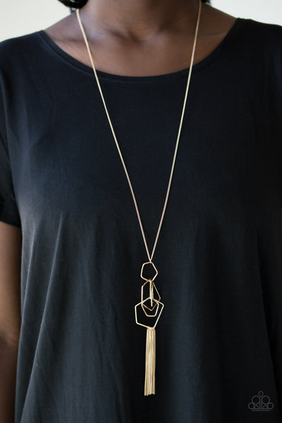 THE PENTHOUSE - PAPARAZZI - GOLD PENTAGON FRAME CHAIN TASSEL PENDANT NECKLACE