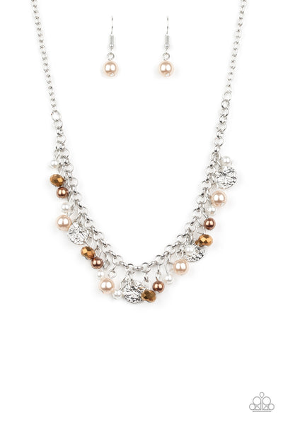 COASTAL CACHE - MULTI WHITE BROWN AURUM BEAD FRINGE NECKLACE - PAPARAZZI