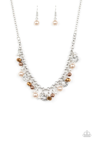 COASTAL CACHE - MULTI WHITE BROWN AURUM BEAD FRINGE NECKLACE - PAPARAZZI