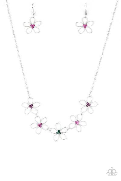 HOPPIN HIBISCUS - MULTI COLORED RHINESTONE SILVER FLOWER NECKLACE - PAPARAZZI