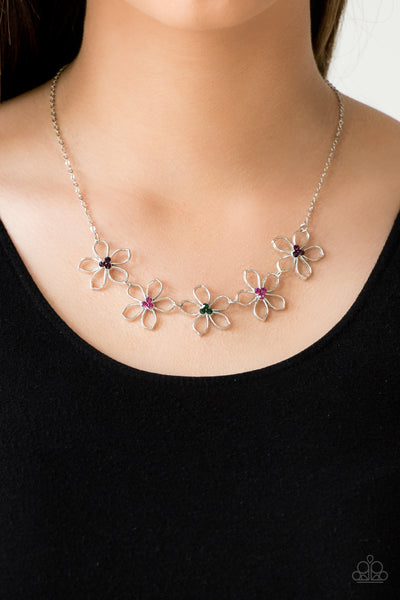 HOPPIN HIBISCUS - MULTI COLORED RHINESTONE SILVER FLOWER NECKLACE - PAPARAZZI