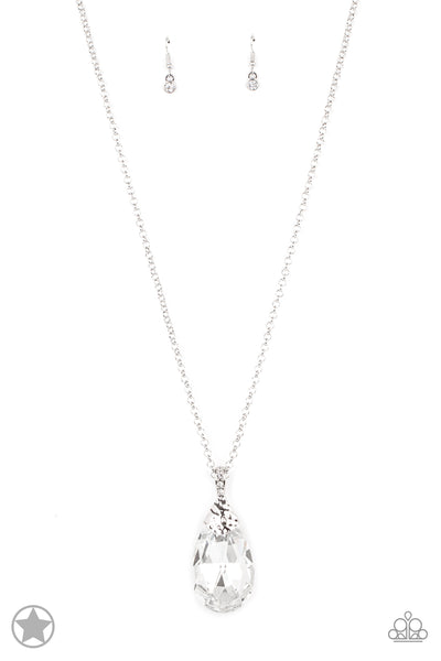 SPELLBINDING SPARKLE - WHITE TEARDROP GEM PENDANT NECKLACE BLOCKBUSTER - PAPARAZZI