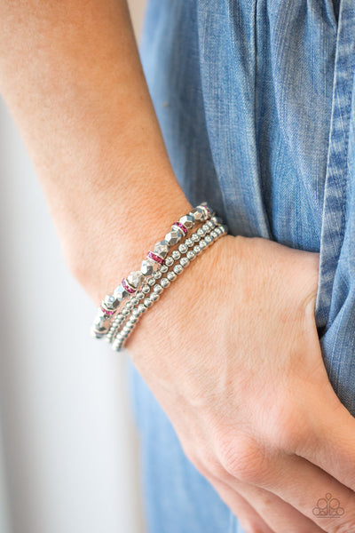 LET THERE BEAM LIGHT - PINK RHINESTONE SILVER STRETCHY BRACELET