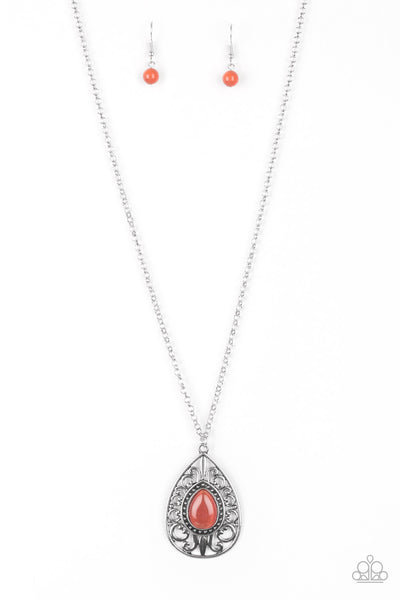 MODERN MAJESTY - ORANGE MOONSTONE SILVER TEARDROP PENDANT NECKLACE - PAPARAZZI