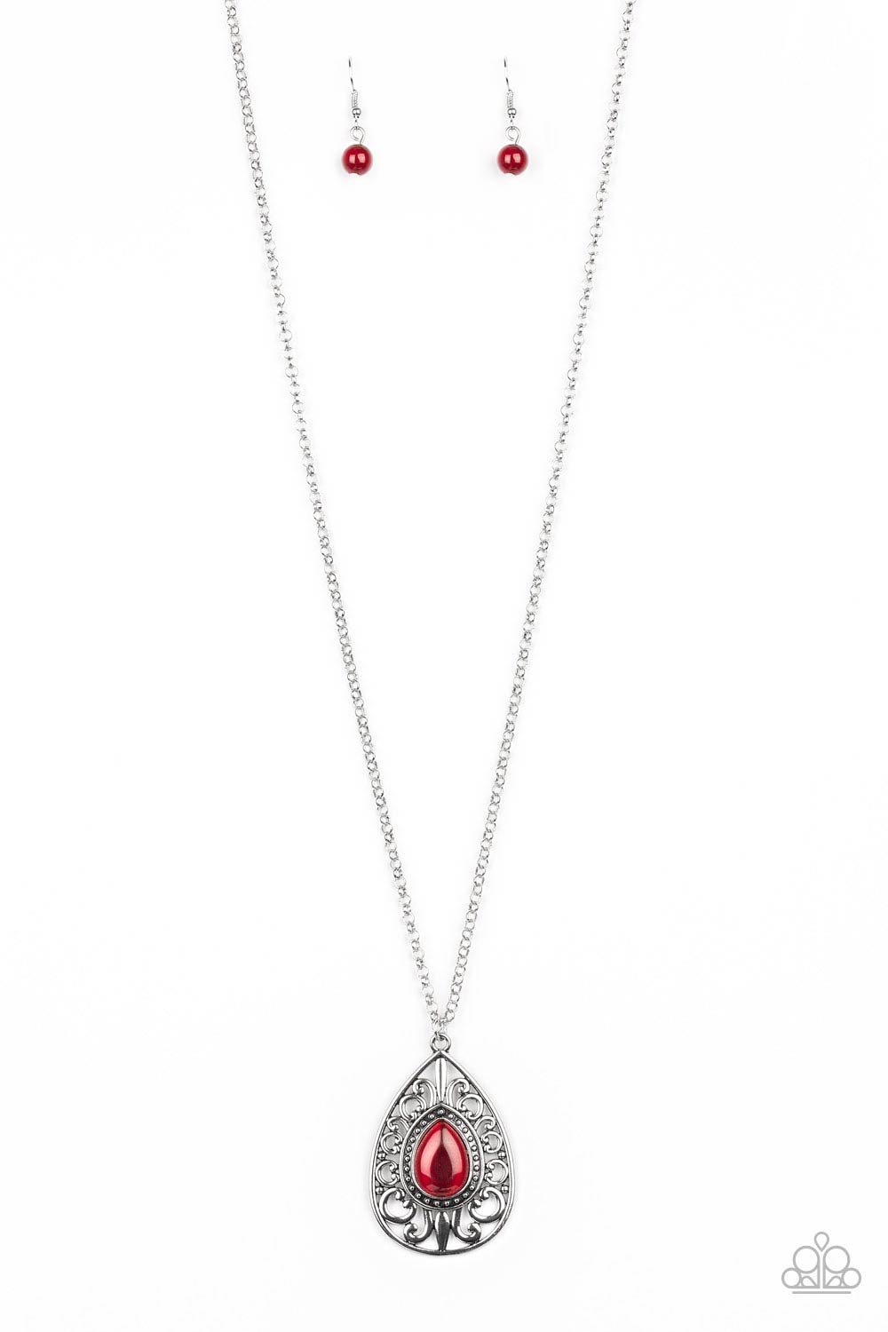 MODERN MAJESTY  - RED MOONSTONE SILVER TEARDROP PENDANT NECKLACE - PAPARAZZI