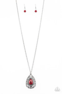 MODERN MAJESTY  - RED MOONSTONE SILVER TEARDROP PENDANT NECKLACE - PAPARAZZI