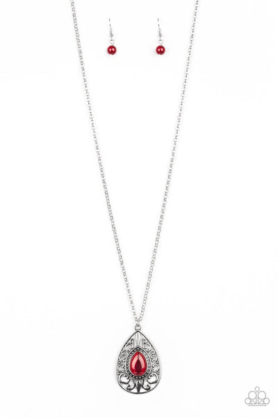 MODERN MAJESTY  - RED MOONSTONE SILVER TEARDROP PENDANT NECKLACE - PAPARAZZI