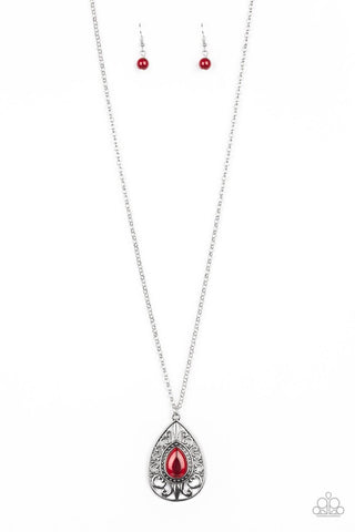 MODERN MAJESTY  - RED MOONSTONE SILVER TEARDROP PENDANT NECKLACE - PAPARAZZI