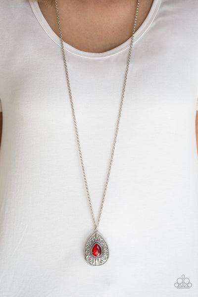 MODERN MAJESTY  - RED MOONSTONE SILVER TEARDROP PENDANT NECKLACE - PAPARAZZI
