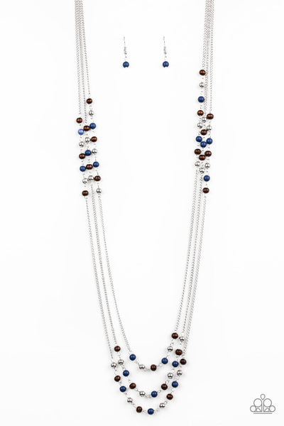SEASONAL SENSATION - BLUE AND BROWN BEAD SILVER LAYERED NECKLACE - PAPARAZZI