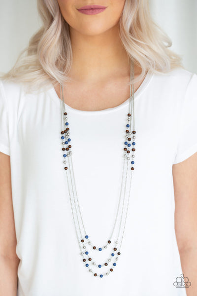 SEASONAL SENSATION - BLUE AND BROWN BEAD SILVER LAYERED NECKLACE - PAPARAZZI