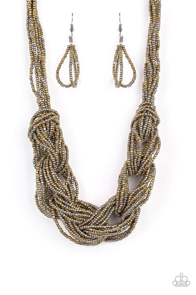 CITY CATWALK - BRASS AND GUNMETAL SEED BEAD BRAIDED NECKLACE - PAPARAZZI