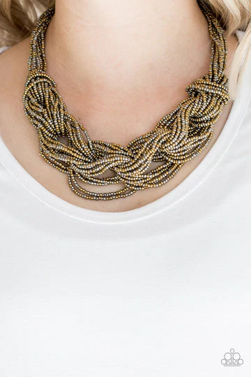 CITY CATWALK - BRASS AND GUNMETAL SEED BEAD BRAIDED NECKLACE - PAPARAZZI