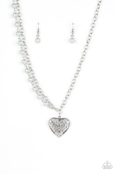 FOREVER IN MY HEART - PAPARAZZI - SILVER BEAD FILIGREE HEART SILVER NECKLACE