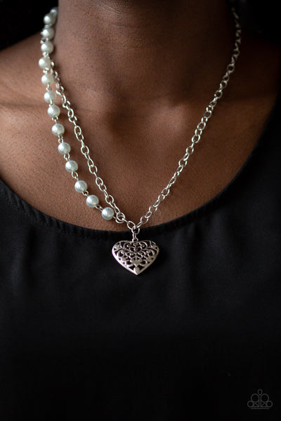 FOREVER IN MY HEART - PAPARAZZI - SILVER BEAD FILIGREE HEART SILVER NECKLACE
