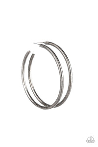 DOUBLE OR NOTHING - PAPARAZZI - BLACK GUNMETAL TEXTURED GLITTERY HOOP EARRINGS