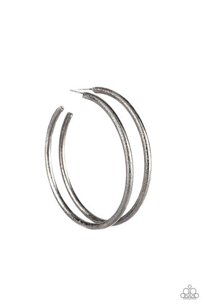 DOUBLE OR NOTHING - PAPARAZZI - BLACK GUNMETAL TEXTURED GLITTERY HOOP EARRINGS