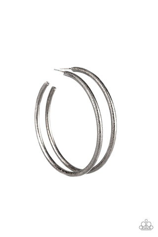 DOUBLE OR NOTHING - PAPARAZZI - BLACK GUNMETAL TEXTURED GLITTERY HOOP EARRINGS