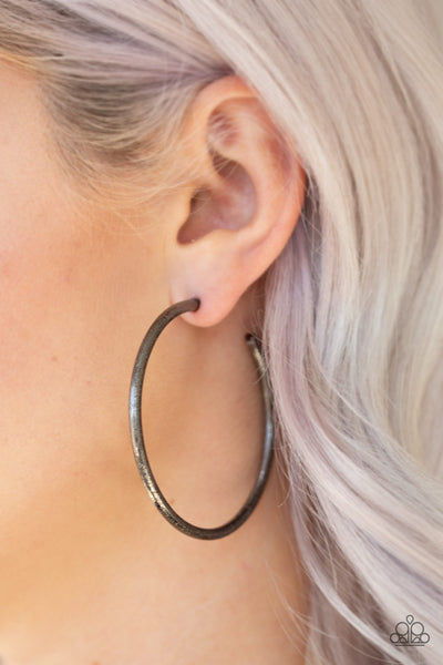 DOUBLE OR NOTHING - PAPARAZZI - BLACK GUNMETAL TEXTURED GLITTERY HOOP EARRINGS