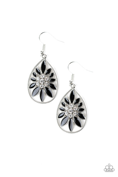 FLORAL MORALS - PAPARAZZI - BLACK PETAL WHITE RHINESTONE SILVER TEARDROP EARRINGS