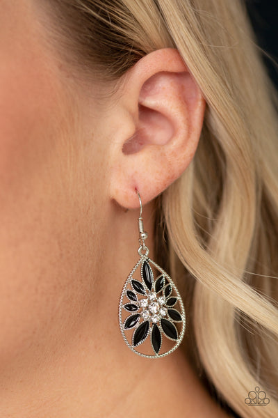 FLORAL MORALS - PAPARAZZI - BLACK PETAL WHITE RHINESTONE SILVER TEARDROP EARRINGS