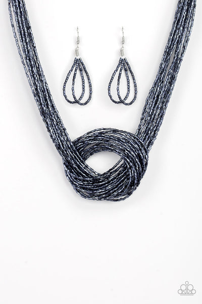 KNOTTED KNOCKOUT - PAPARAZZI - BLUE METALLIC SEED BEAD KNOT NECKLACE