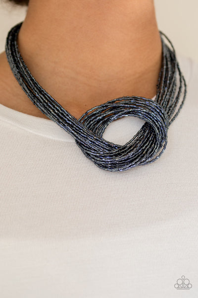 KNOTTED KNOCKOUT - PAPARAZZI - BLUE METALLIC SEED BEAD KNOT NECKLACE