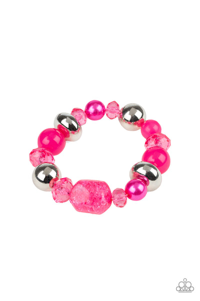 ICE ICE-BREAKER - PINK AND SILVER CHUNKY BEAD STRETCHY BRACELET - PAPARAZZI