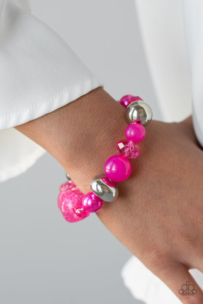 ICE ICE-BREAKER - PINK AND SILVER CHUNKY BEAD STRETCHY BRACELET - PAPARAZZI