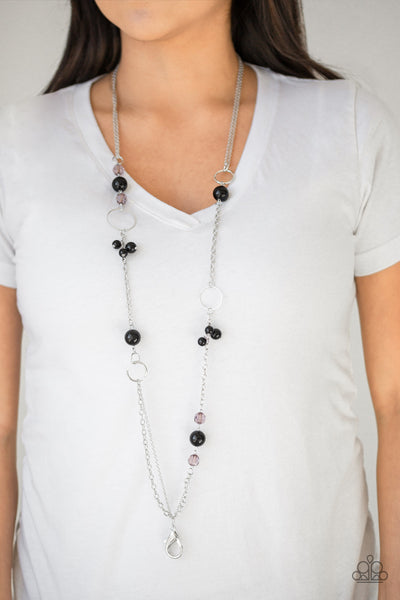 PAGEANT PRINCESS - BLACK GLASSY BEAD SILVER HOOP LANYARD NECKLACE - PAPARAZZI