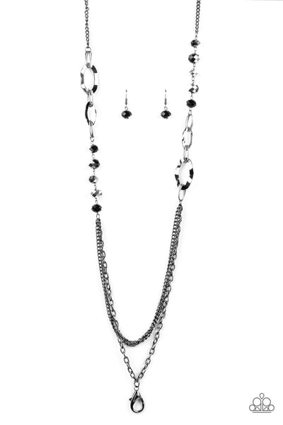 MODERN GIRL GLAM -  BLACK BEAD GUNMETAL CHAIN LANYARD- PAPARAZZI
