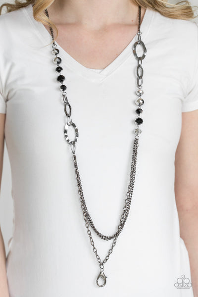 MODERN GIRL GLAM -  BLACK BEAD GUNMETAL CHAIN LANYARD- PAPARAZZI