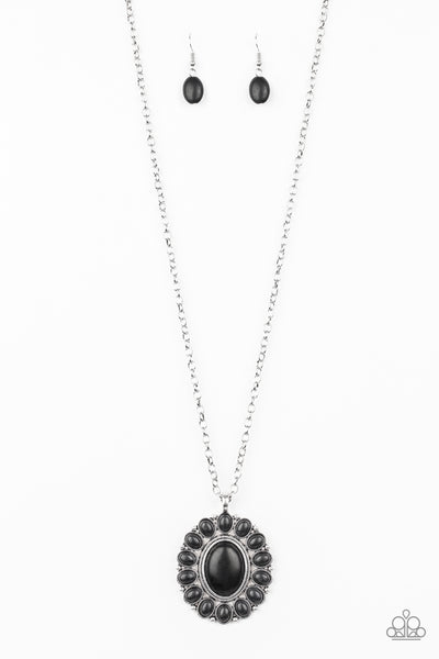 RANCHO ROAMER - PAPARAZZI - BLACK CRACKED STONE FLORAL SILVER PENDANT NECKLACE