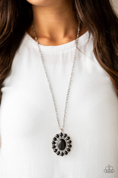RANCHO ROAMER - PAPARAZZI - BLACK CRACKED STONE FLORAL SILVER PENDANT NECKLACE